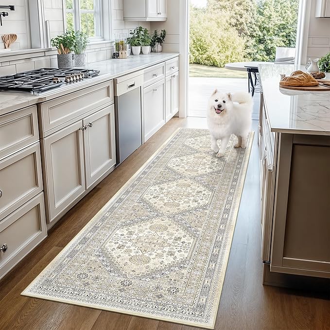 Washable Runner Rug 2.5x14, Non-Slip Long Kitchen Mats for Floor, Vintage Rug for Entryway, Soft Hallway Runner for Dining Room, Bedroom, Living Room(Beige,2.5'x14')