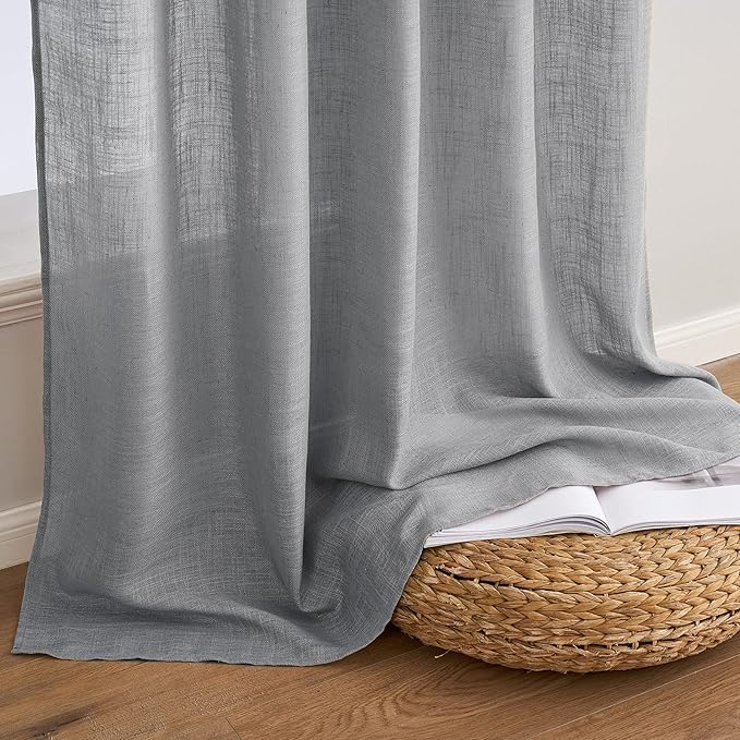 MIULEE Grey Linen Curtains 90 Inch Long for Bedroom Living Room, Soft Thick Linen Textured Window Drapes Gray Semi Sheer Light Filtering Back Tab Rod Pocket Burlap Look Decor, 2 Panels