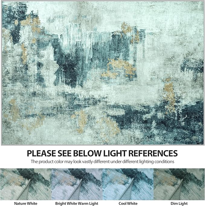 Runner Rug for Hallways Kitchen 2'6"x8' Washable Non Slip: Carpet Non Skid 8ft Entryway Rubber Backed 8 Feet Neutral Abstract Modern Rug Low Pile Pet Friendly Indoor Teal Grey Gold