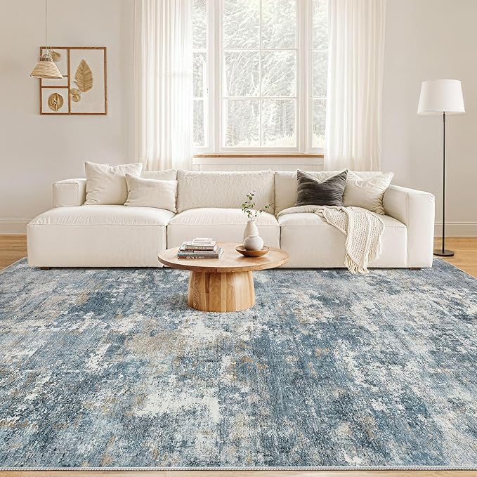 Nakagishi 10x14 Area Rugs Living Room: Washable Abstract Large Neutral Soft Rug Stain Resistant Modern Indoor Floor Non-Slip Carpet for Bedroom Nursery Kids Playroom Office Dining Room Dorm-Blue Brown