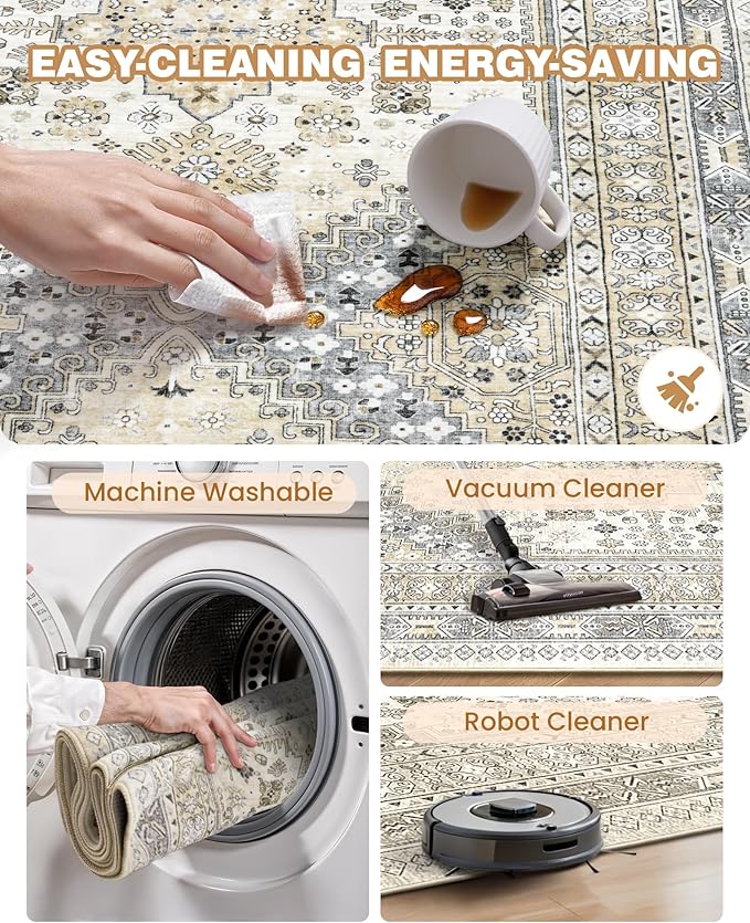 3x8 Runner Rug Non Slip Washable for Entryway, Front Porch, Vintage Hallway Runner for Laundry Room, Bedroom, Stain Resistant Thin Indoor Kitchen Mats for Floor(Beige,3'x8')