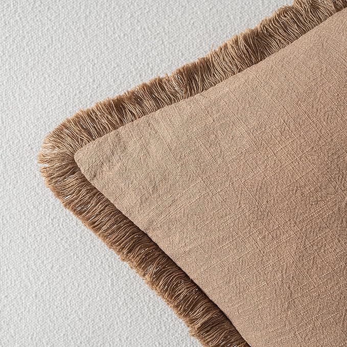 MIULEE Decorative Throw Pillow Covers Neutral Linen Fringe Throw Pillows Set of 2 Brown Boho Farmhouse Cushion Covers with Tassels for Couch Sofa Bed Living Room Spring Home Decor 18x18 Inch