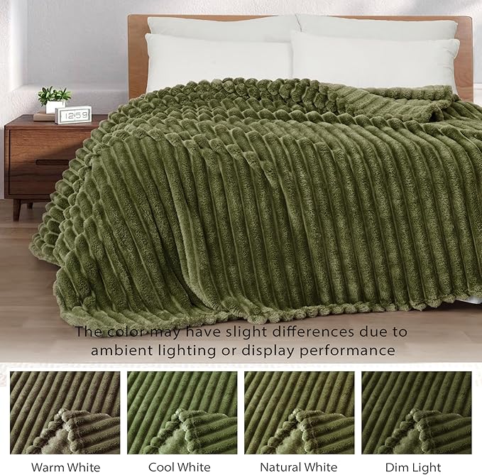 Exclusivo Mezcla Queen Size Flannel Fleece Blanket, Super Soft Striped Jacquard Bed Blanket, Lightweight Fuzzy Cozy for All Seasons, 90x90 Inches, Olive Green