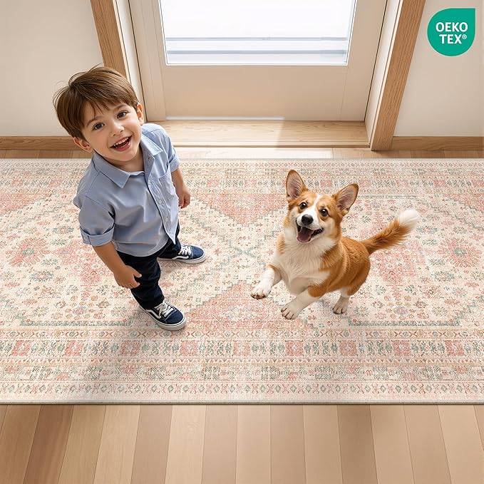 Entryway Rug - 2x3 Washable Rug Runner for Bathroom, Laundry Room, Kitchen, Soft Vintage Hallway Runner for Bedroom, Non-Slip Door Mat Indoor Entrance(Pink,2'x3')