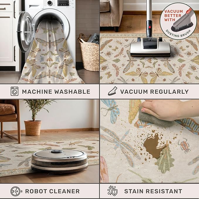 Hazo Haus Washable Neutral Area Rug Living Room, 5x8 Washable Rugs for Bedroom Under Bed, Nursery Room, Boho Vintage Insect Butterfly Non-Slip Low Pile Stain Resistant - Beige/Yellow