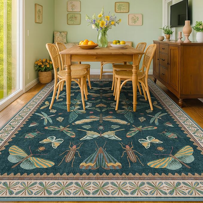 Hazo Haus Teal Green Living Room Rugs - 10x14 Large Area Rug for Dining Room, Big Bedroom, Playroom Kids, Foldable Insect Décor