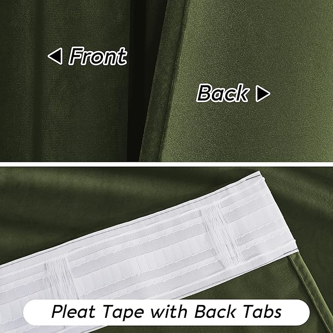 RYB HOME Olive Green Velvet Curtains with Hook Tape, Thermal Insulated Privacy Protect Decorative Drapes for Sliding Glass Door, W 62 x L 90 inches, 2 Panels Set