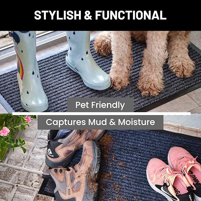Sierra Concepts Front Door Mat X-Large Welcome Floor Mats - Entryway Indoor Outdoor Entrance Doormat, Patio, Porch, Muddy Dog Shoe, Inside Outside Low Profile 48x36in, 2-Pack Steel Gray