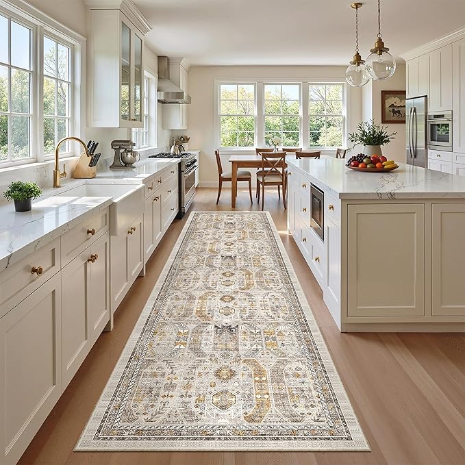 Madane Hallway Runner Rug 2'6''x10' Kitchen Runner, Non Slip Vintage Runners for Hallways Washable Kitchen Rugs Soft Low Pile 2.5x10 ft Rug Runner for Laundry Room, Entryway and Bedroom, Brown/Gold