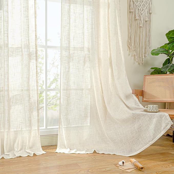 LAMIT Natural Linen Blended Curtains for Living Room, Back Tab and Rod Pocket Semi Sheer Curtains Light Filtering Country Rustic Drapes for Bedroom/Farmhouse, 2 Panels,52 x 120 Inch, Natural Ivory
