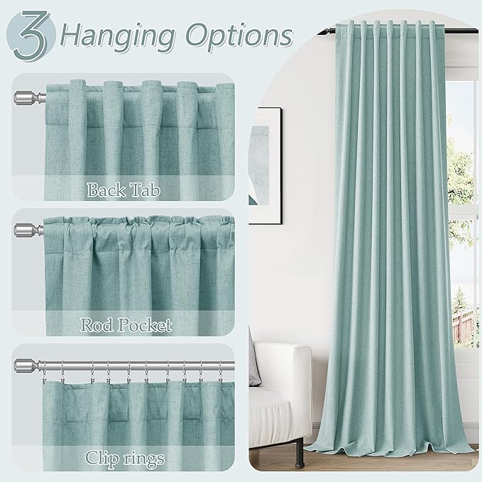 Guken Light Blue 100% Blackout Linen Curtains 100 Inch Length 2 Panels Set for Living Room Back Tab Thermal Insulated Black Out Drapes Room Darkening Farmhouse Style for Bedroom Window Curtains