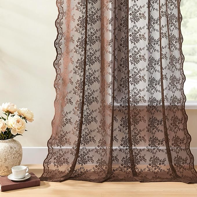 YJ YANJUN Vintage Lace Curtains 84 Inches Long-Victorian Floral Boho Brown Sheer Curtains for Living Room Bedroom, Light-Filtering Rustic Farmhouse Window Treatment, Chocolate 2 Panels 52W x 84L