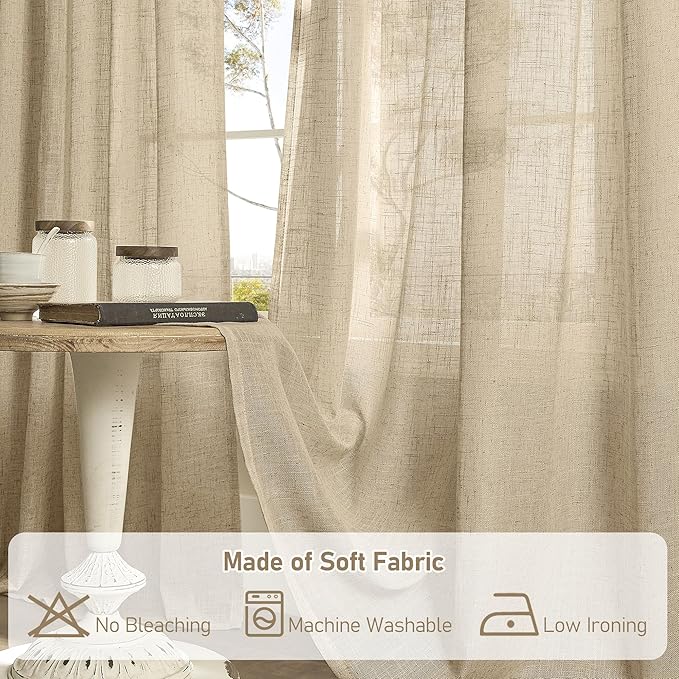 LAMIT Brown Linen Curtains 84 inch Length 2 Panels, Light Filtering Semi Sheer Panels Back Tab and Rod Pocket Boho Neutral Drapes for Bedroom/Living Room, 34 x 84 Inch