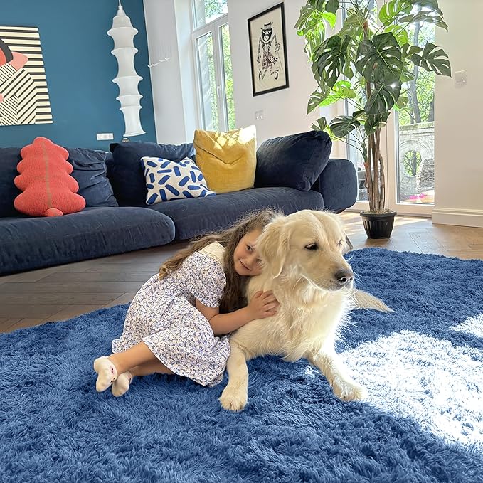 OLANLY 2x6 Machine Washable Runner Rugs for Hallway, Soft Fluffy Shaggy Bedside Rugs for Bedroom, Living Room, Indoor Floor Carpet for Kids Girls and Boys, Home Decor Aesthetic, Blue