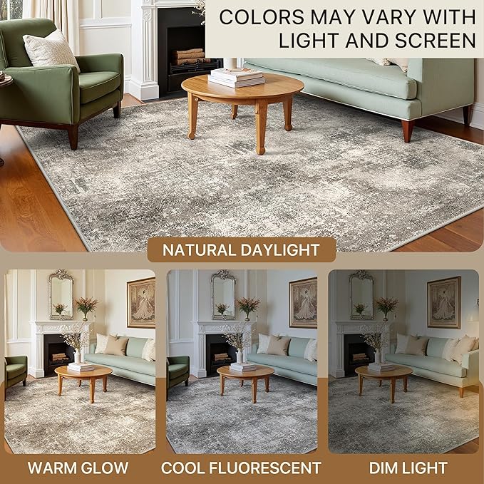 Area Rugs 9x12 for Living Room Bedroom, Modern Abstract Machine Washable Rug, Large Soft Low Pile Floor Carpet with Non Slip Backing for Dining Room, Grey