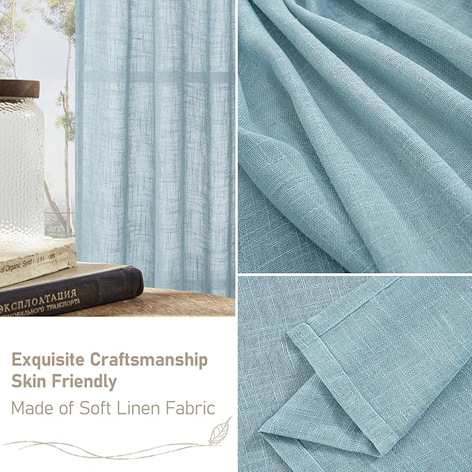 LAMIT 36 Inch Length Linen Curtains for Small Windows, Semi Sheer Light Filtering Panels Back Tab and Rod Pocket Country Decor Drapes for Basement/Kitchen, Stone Blue, 2 Panels, 34 x 36 Inch