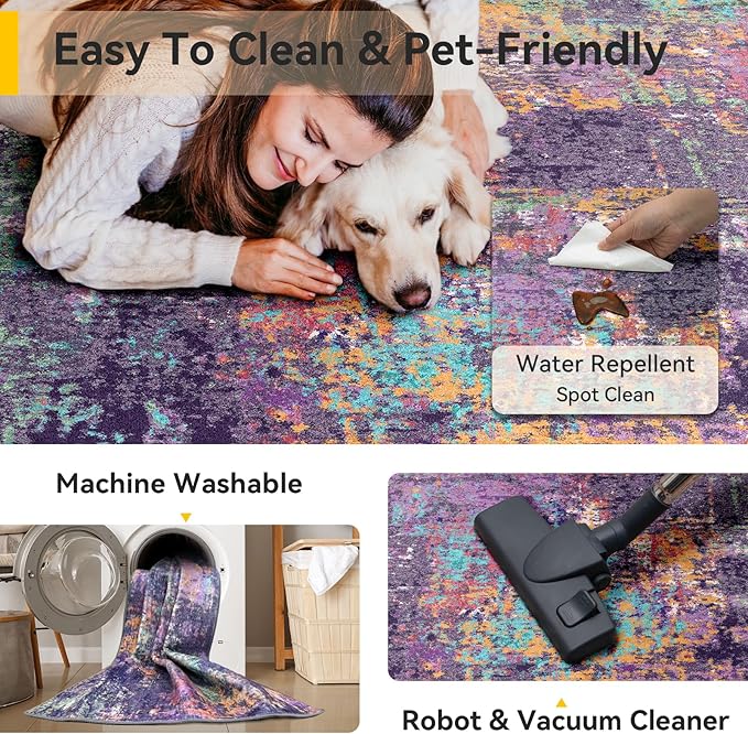 Washable Area Rugs 2'x10' Non-Slip Modern Abstract Soft for Living Room Entryway Bedroom Nursery, Print Pattern, Purple Orange Blue Green Rust Red Colorful