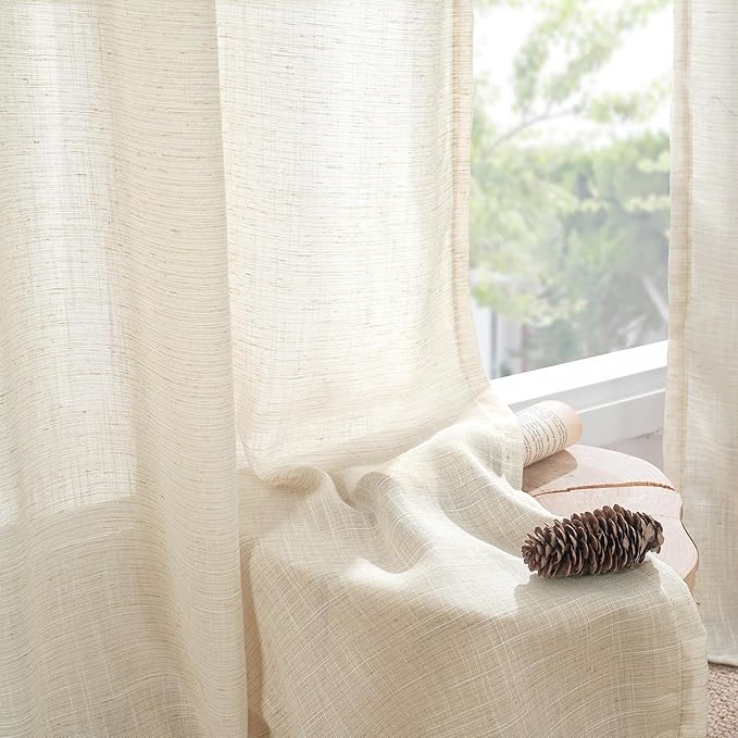 BGment Beige Linen Curtains 40 Inch Length for Short Window - Small Semi Sheer Drapes with Rod Pocket for Cafe Kitchen Bedroom Light Filtering Cream Curtain, 2 Panels, Each Panel 30 Inch Wide