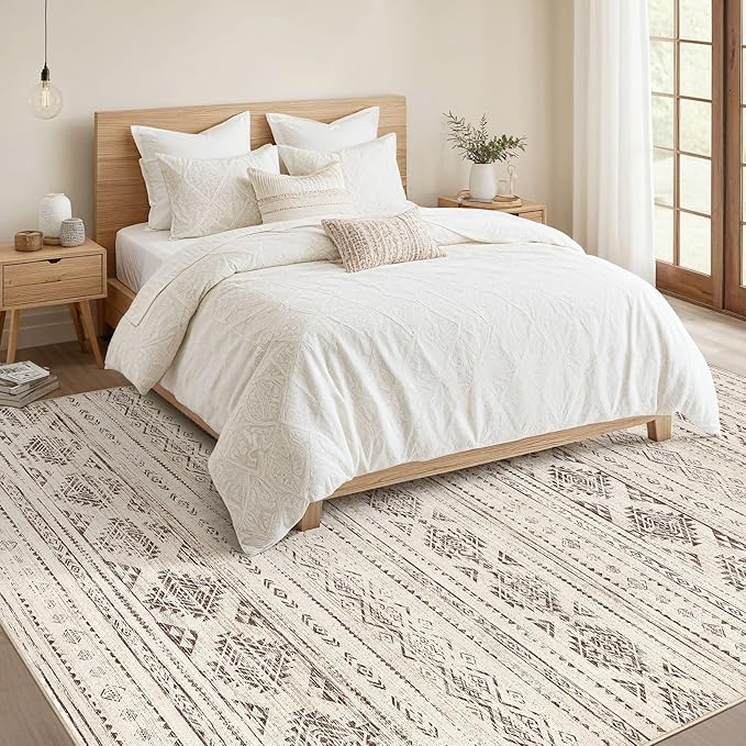Nakagishi 10x14 Area Rugs Living Room: Washable Boho Large Neutral Soft Farmhouse Rug Stain Resistant Modern Moroccan Non-Slip Indoor Carpet for Bedroom Nursery Kids Office Dining Room - Dark Brown