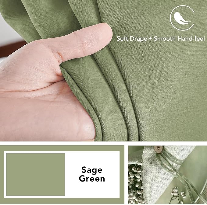 Deconovo Blackout Curtains, Thermal Insulated, W52 x L54 2 Panels, Back Tab, Machine Washable, Room-Darkening Drapes for Bedroom/Living Room Sage Green