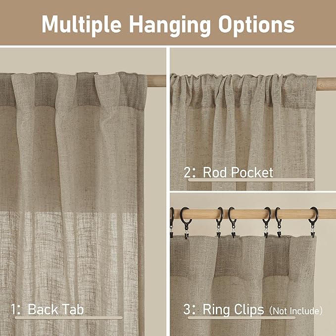 LAMIT Semi Sheer Linen Curtains 36 Inch Length for Cafe, Light Filtering Panels Back Tab and Rod Pocket Neutral Drapes for Bathroom/Kitchen/Loft Room, 25 x 36 Inch, 2 Panels