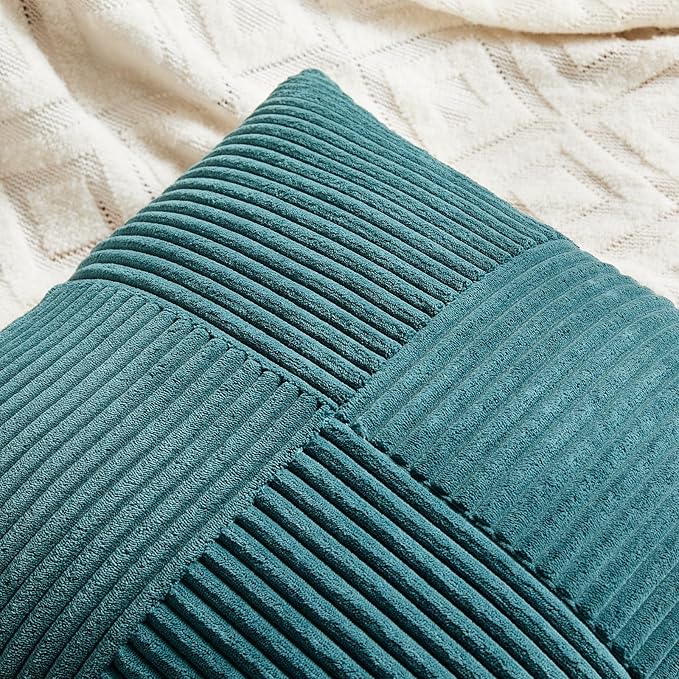 Fancy Homi 2 Packs Teal Samll Decorative Throw Pillow Covers 14x14 Inch with for Couch Bed Sofa, Rustic Farmhouse Boho Home Decor, Soft Corss Patchwork Corduroy Square Cushion Case 35x35 cm