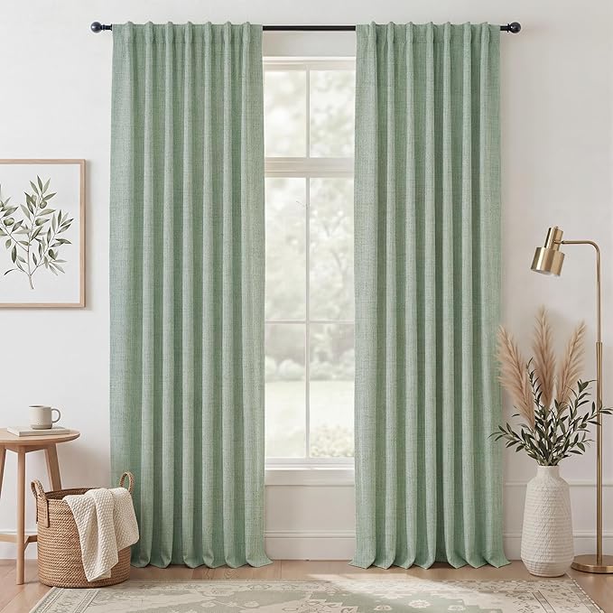 RYB HOME Sage Green 100% Blackout Curtains 90 inches Long, Thermal Insulated Linen Texture Drapes for Bedroom/Living Room, Elegant Farmhouse Curtains Back Tab&Rod Pocket, W52xL90, 2 Panels