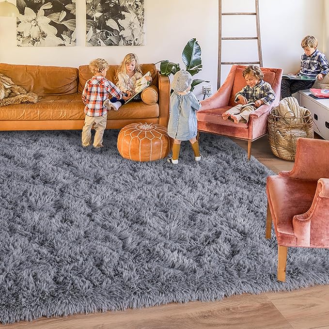Rugs for Living Room 8x10, Soft Shaggy Modern Shag Area Rug for Bedroom, Upgrade Non-Slip Plush Fluffy Carpet for Kids Boys Girls Room Home Decor Aesthetic, Grey