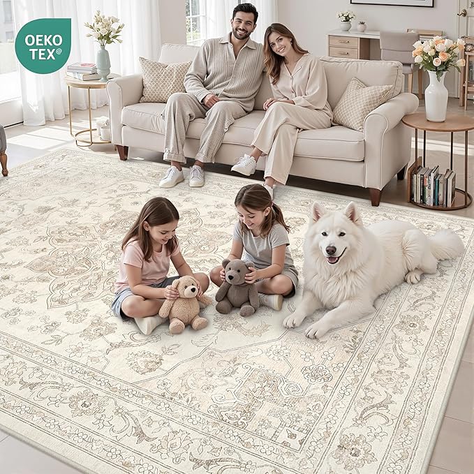 8x10 Area Rugs for Living Room: Vintage Boho Neutral Washable Rug Indoor Soft Large Area Rug Carpet for Bedroom Nursery Farmhouse Dining Room Office Floor Non-Slip Low Pile Under Table Rug Beige White