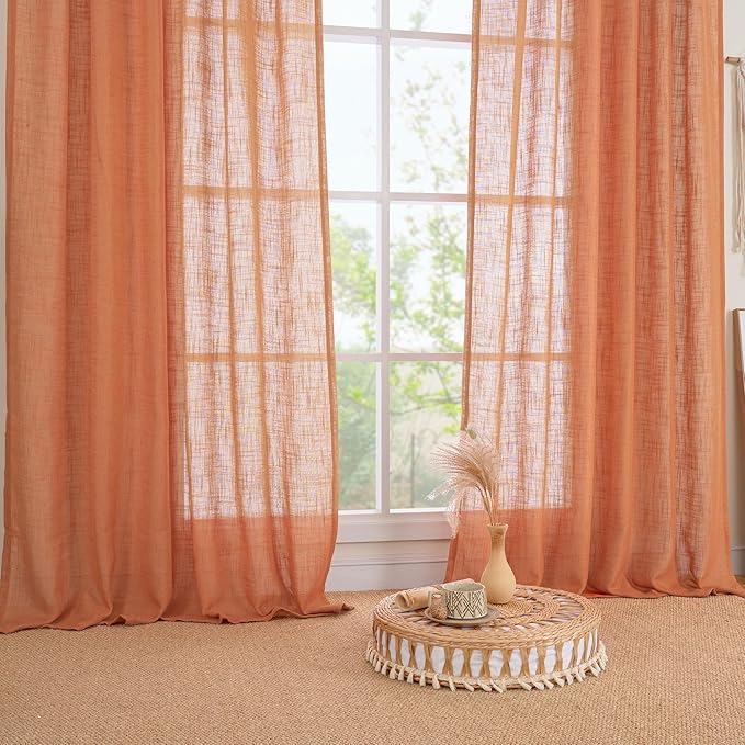 LAMIT Burnt Orange Sheer Linen Curtains, 80 inch Light Filtering Semi Sheer Panels Back Tab and Rod Pocket Farmhouse Rust Drapes for Bedroom/Living Room, 2 Panels, 52 x 80 Inch