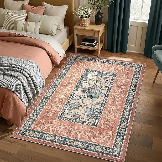 GarveeHome Terracotta Teal 2x3 Door Mat Indoor Rugs for Entryway Provence Small Botanical Grove Cottage core Washable Non-Slip Low-Pile Rug for Bedroom Bathroom Entrance TPE Backing