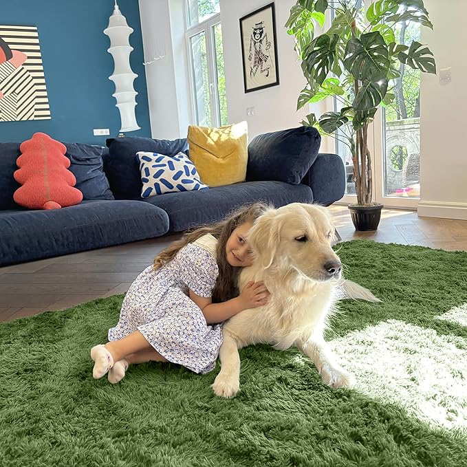 OLANLY Area Rugs for Living Room Bedroom, Machine Washable 4x5.9 ft Soft Fluffy Shaggy Bedside Rug, Indoor Floor Carpet for Kids Girls and Boys, Dorms, Nursery Rooms, Home Decor Aesthetic, Green
