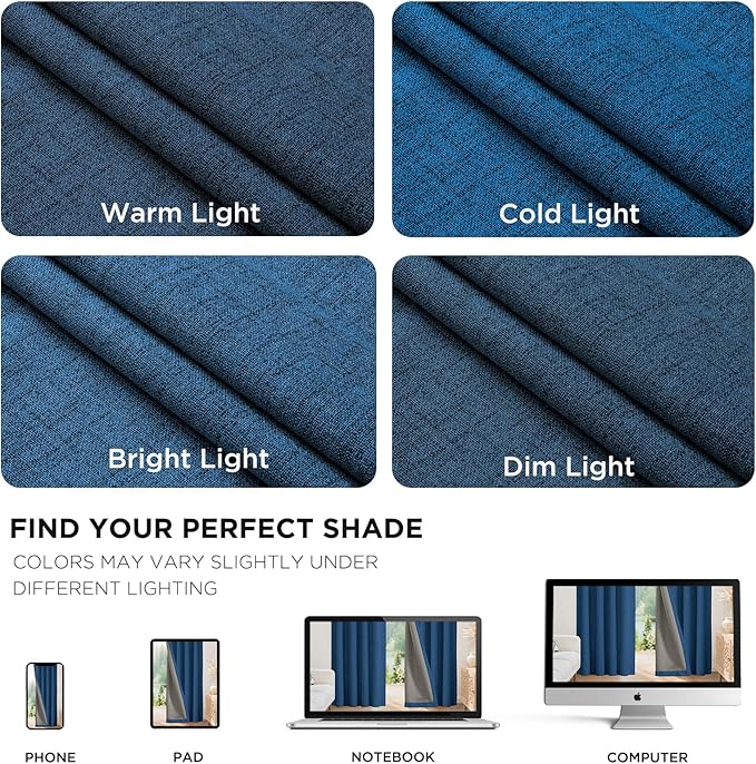 Joydeco Linen Blackout Curtains for Bedroom - 100% Light Blocking 1 Panels, Navy Blue Drapes 70" W x 90" L, Thermal Insulated Room Darkening Curtains for Living Room, Rod Pocket & Back Tabs