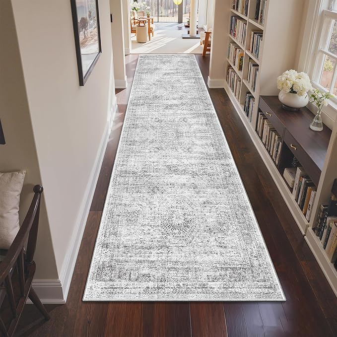 3x10 Runner Rug Non Slip Washable for Entryway, Vintage Hallway Runner for Front Porch, Laundry Room, Bedroom, Abstract Stain Resistant Thin Indoor Kitchen Mats for Floor(3'x10', Grey/Ivory)