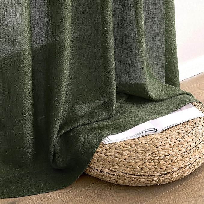 MIULEE Olive Green Linen Curtains 54 Inch Length 2 Panels for Bedroom Living Room, Soft Thick Linen Textured Natural Short Window Drapes Semi Sheer Light Filtering Back Tab Burlap Look Decor