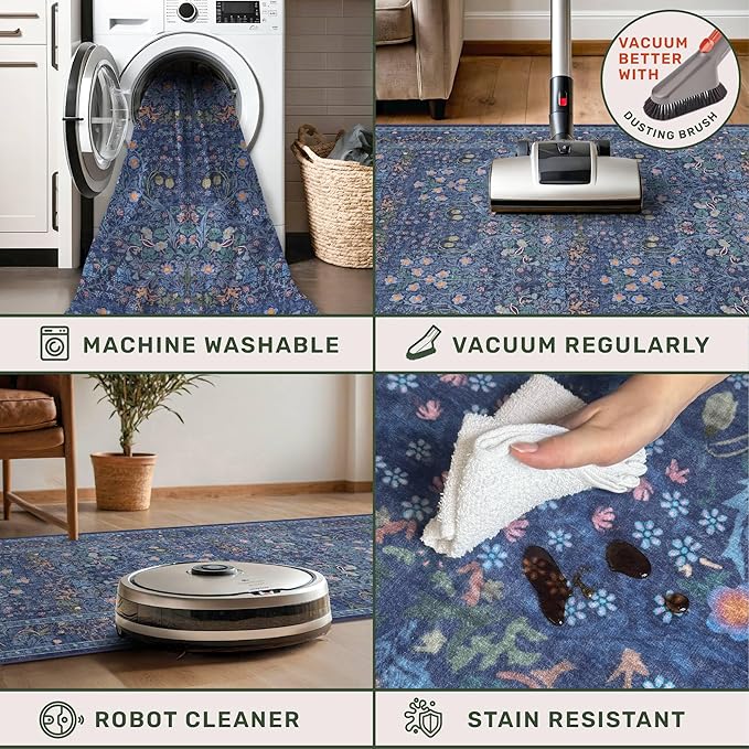 Non Slip Dark Blue 2x5 Runner Rug - Washable Small Throw Rugs for Kitchen, Entryway, Bathroom, Bedroom, Laundry Room, Hallway, Dusky Navy Vintage Oriental Décor