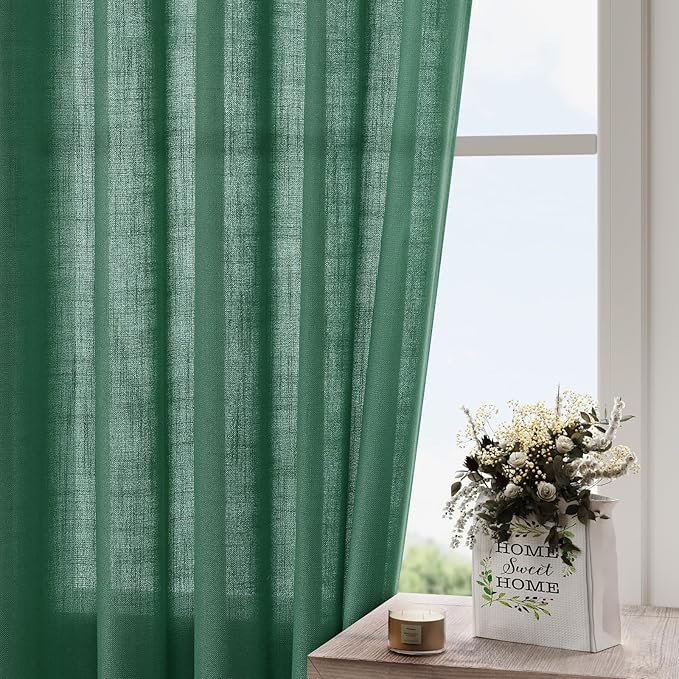 Dark Green Linen Curtains 108 Inches Long for Living Room 2 Panels Set Extra Long Back Tab Curtain Sheer Light Filtering Emerald Green Drapes Floor to Ceiling Curtains for Large Windows 52x108