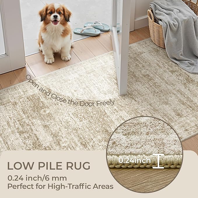 3x12 Runner Rug for Hallway, Non-Slip Long Bathroom Rugs Runner for Kitchen, Bedroom, Soft Vintage Abstract Washable Rug for Entryway, Thin Floor Mat for Dining Room(3'x12', Brown/Ivory)