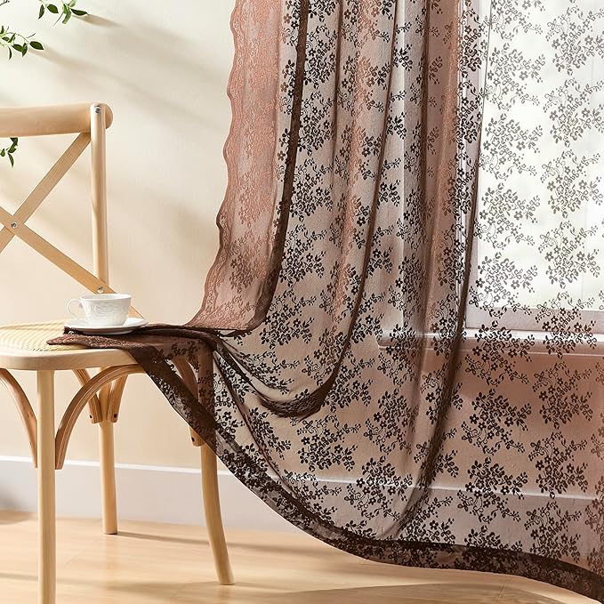 YJ YANJUN Vintage Lace Curtains 63 Inch Length-Victorian Floral Brown Sheer Curtain Panels for Living Room Bedroom,Light Filtering, Rustic Farmhouse Neutral Decor Set of 2 52W x 63L Espresso
