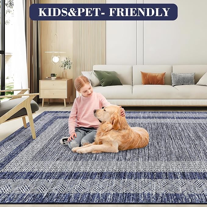GarveeHome Modern Geometric Area Rug 2x3 Distressed Bordered Washable Non Slip Floor Small Carpet Non Shedding Thin Soft Low Pile Rug, Contemporary Navy Blue Rug for Dining Room, Living Room