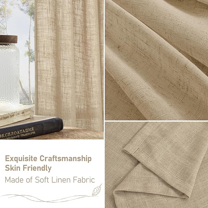 LAMIT Short Window Linen Curtains 36 Inch Length 2 Panels, Brown Light Filtering Panels Back Tab and Rod Pocket Neutral Drapes for Bathroom/Loft Room, 34 x 36 Inch