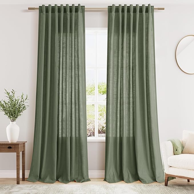 Nanspring Olive Green Linen Curtains for Living Room 2 Panels Set 94 Inch Length Back Tab Light Filtering Semi Sheer Curtain Drapes for Bedroom 52x94