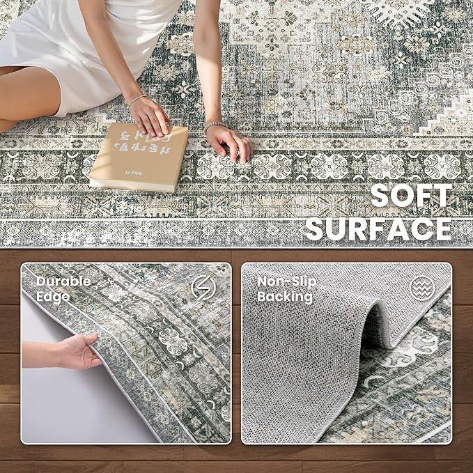 zesthome 6x9 Area Rug, Super Soft Washable Rugs for Living Room, Non-Slip Stain Resistant Vintage Rugs, Ultra-Thin Large Area Rugs (Wheat/Charcoal,6'x9')
