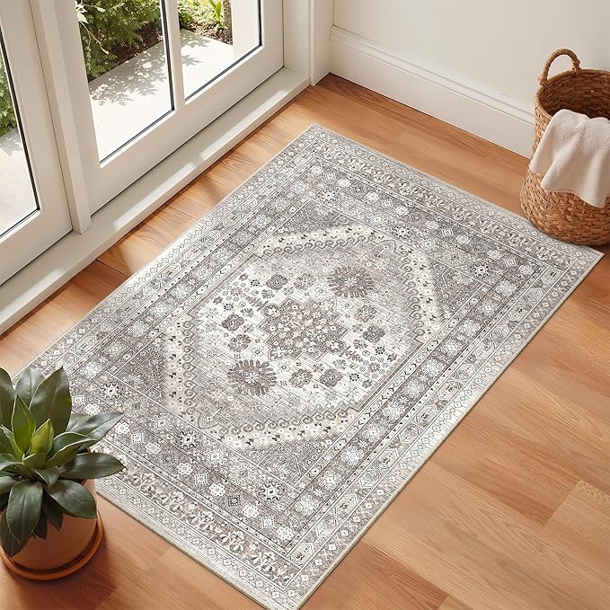 zesthome 2x3 Entryway Rug, Soft Washable Rugs, Non Slip Area Rug, Stain Resistant Low Pile Rugs for Bedroom, Vintage Rug for Door Mat, Kitchen (Brown/Beige,2'x3')