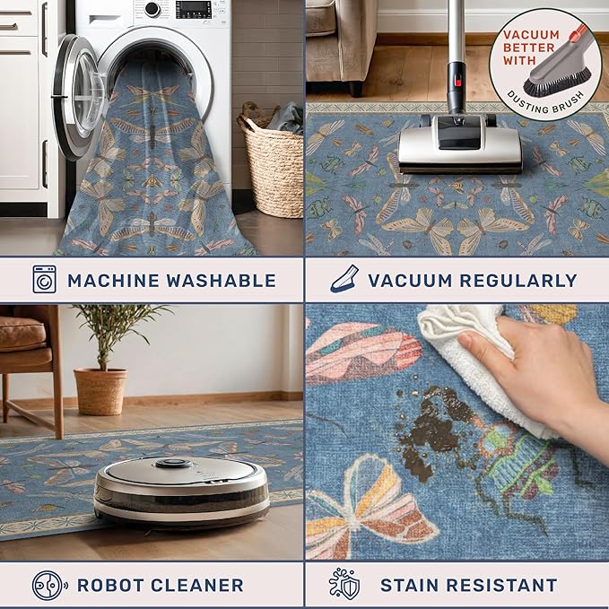 Hazo Haus Boho Non Slip Kitchen Rug Runner - 2x5 Blue Washable Thin Rug for Bathroom, Laundry Room, Hallway, Non Slip with Rubber Backing, Insect Print Unique Runner