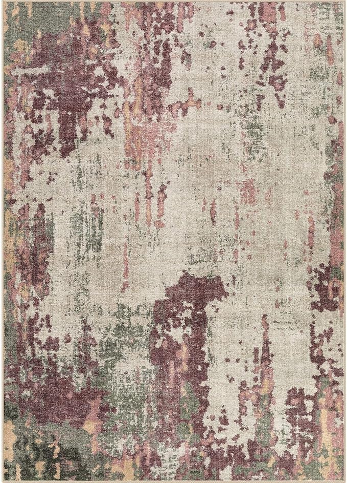 UERMEI 5x7 Area Rug Living Room Rugs - Washable Neutral Modern Abstract Soft Thin Rug Indoor Floor No Slip Rug Carpet for Bedroom Under Dining Table Home Office Decor - Purple/Green/Beige