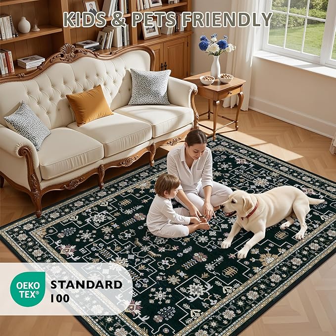 3x5 Area Rugs Living Room Rug: Washable Vintage Boho Medallion Rug No Slip Stain Resistant Soft Carpet Indoor Floor Large Carpets for Bedroom Dining Room Farmhouse Nursery Hallway Home Office Black
