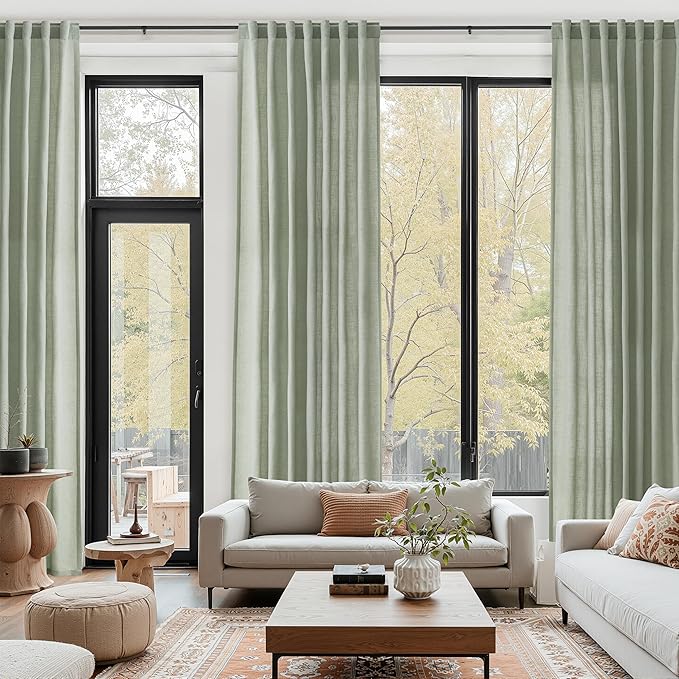 Desert Sage Linen Curtains 132 Inch Length for Living Room Light Filtering Semi Sheer Curtain Back Tab Rustic Farmhouse Decor Elegant Drapes Floor to Ceiling High Window for Bedroom 52x132, 2 Panels