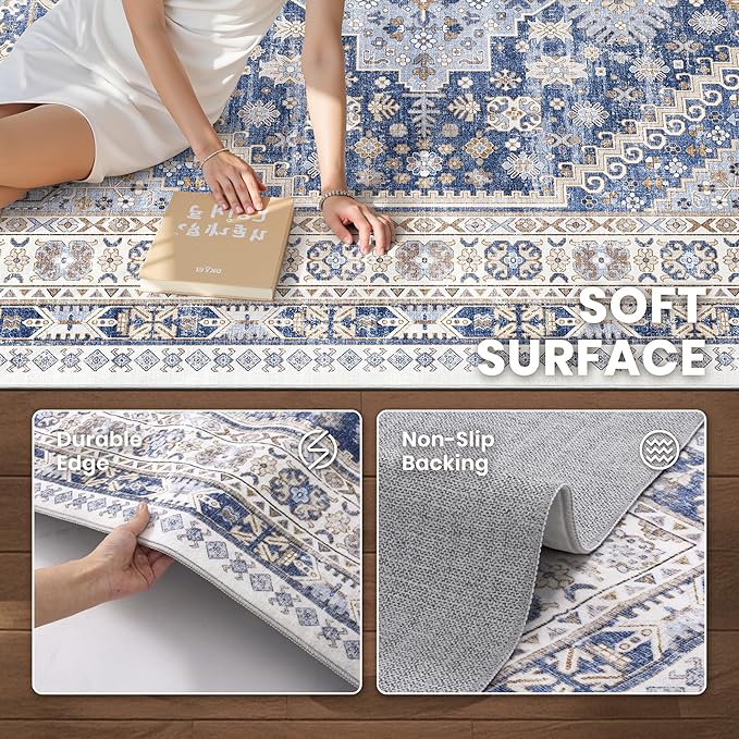 zesthome 5x7 Area Rugs - Ultra-Thin Washble Rug, Stain Resistant Anti Slip Backing Rugs for Living Room,Bedroom, Vintage Home Decor Area Rug (Blue/Beige,5'x7')