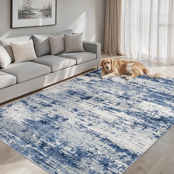 Area Rugs Living Room Rug - 4x6 Washable Modern Abstract Soft Neutral Non-Slip Carpet Large Indoor Floor Thin Carpets for Bedroom Dining Room Farmhouse Nursery Home Office Blue Gray
